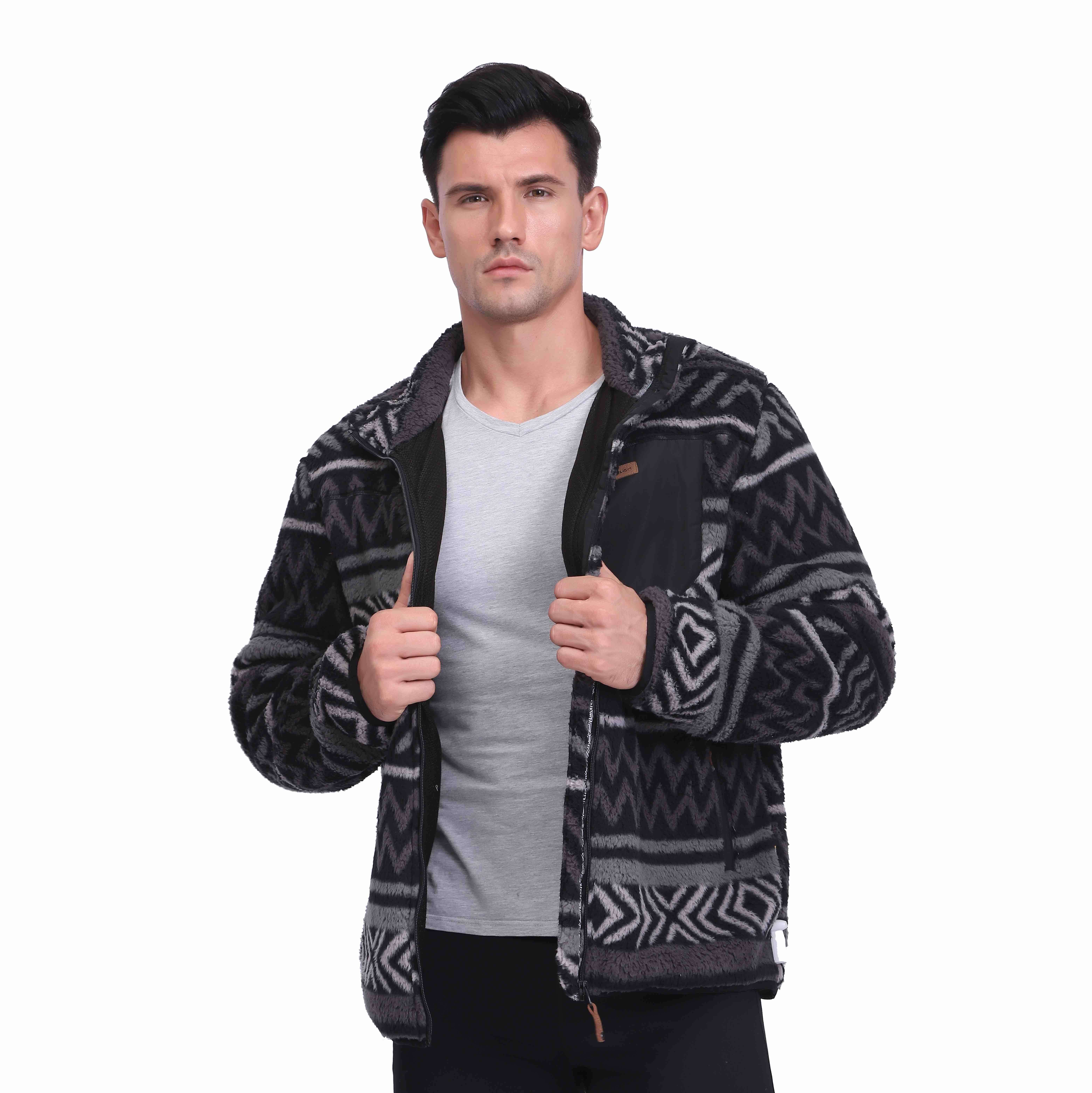 Allover Print Softer Shaggy Sherpa Fleece Jackets Winter Heavy Top para hombre