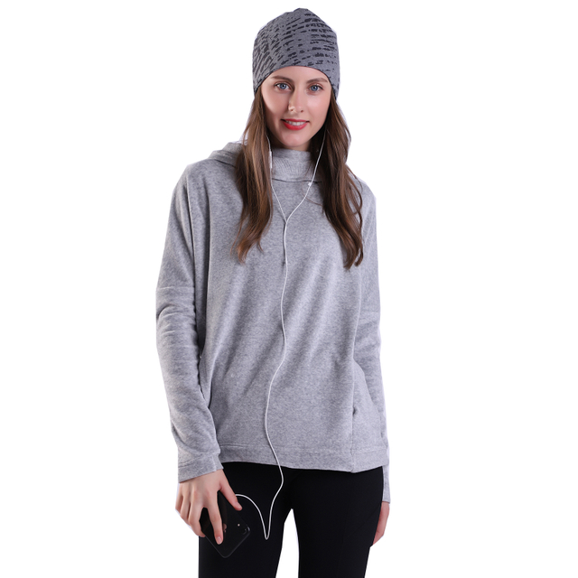 Sudadera con capucha atlética gris para mujer Camiseta de terciopelo técnico con cuello de capucha alto